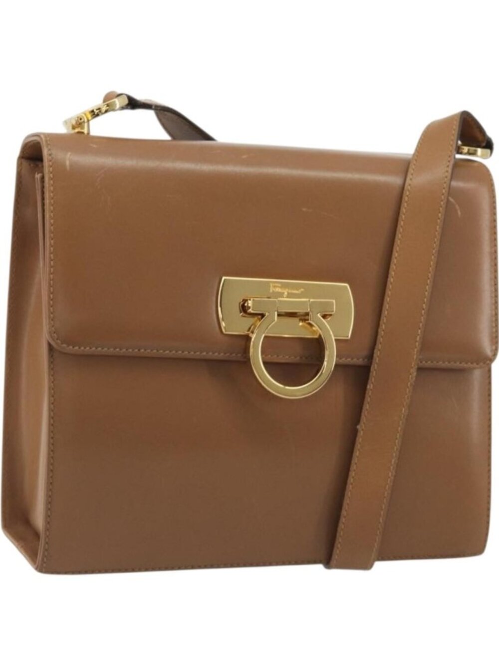 Salvatore Ferragamo Gancini Shoulder Bag Leather Brown Gold